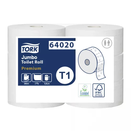 TORK T1 Toalettpapír tekercses Jumbo, 2rtg fehér, 26 cm, 6*380 m/karton - 64020